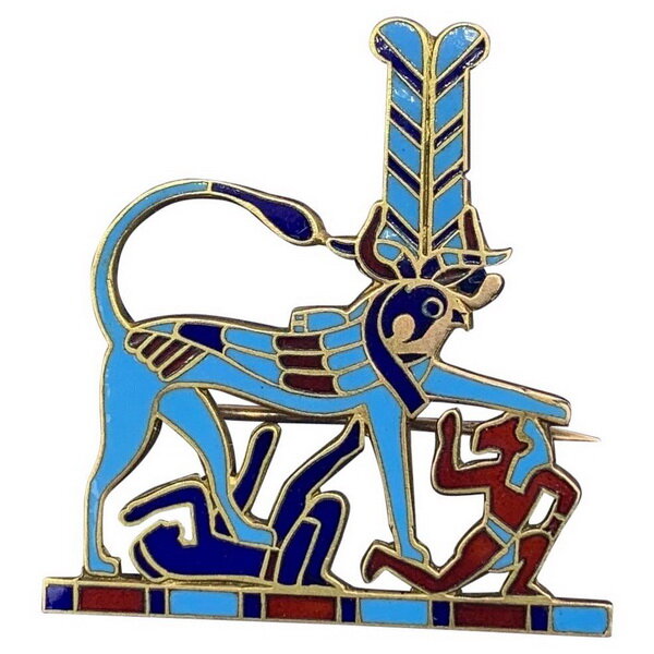 Art Deco brooch with the image of the Hieracosphinx (incarnation of the god Horus with the body of a lion and the head of a falcon), gold, enamel, early 20th century.