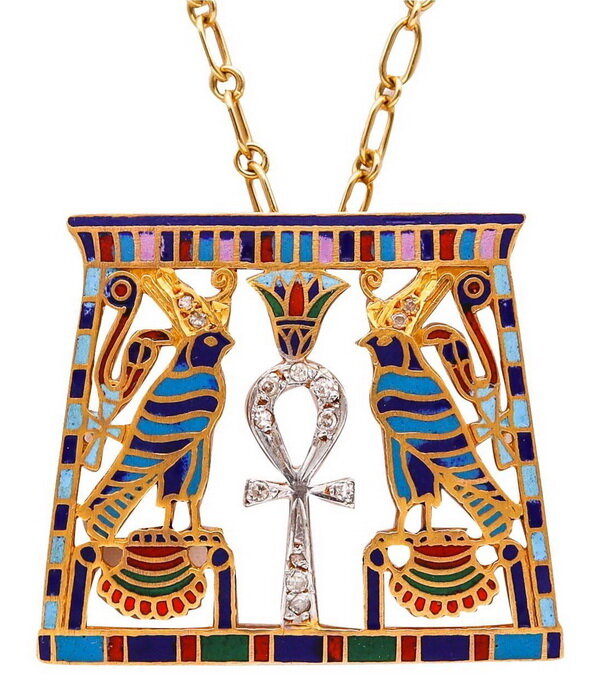 Art Deco pendant necklace with ankh, gold, diamonds, enamel, France, circa 1930.