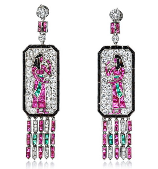 Clip on earrings in Egyptian style, set with diamonds, emeralds, rubies and onyxes, Lacloche Frères, Paris, 1925.