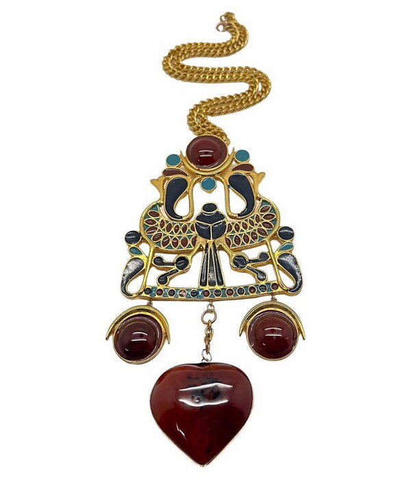 Egyptian style scarab necklace, gilt, enamel, carnelian, Adrian Mann, London, circa 1970.