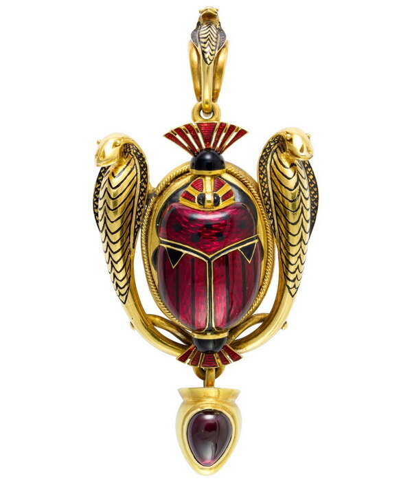 Gold Theban Scarab brooch pendant, decorated with guilloché enamel and garnet, Robert Phillips, London, circa 1865.