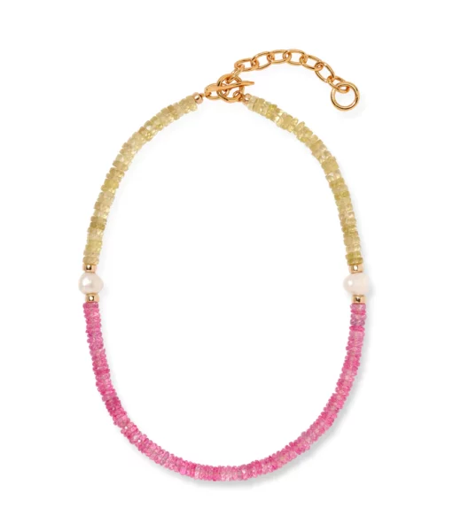 Gold plated brass, pink topaz, lemon quartz, freshwater pearl. Gold plated brass, pink topaz, lemon quartz, freshwater pearl.