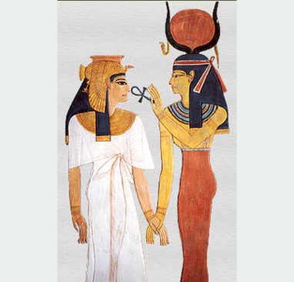 Hathor presents the ankh to Queen Nefertari Merenmut, a painting from her tomb.