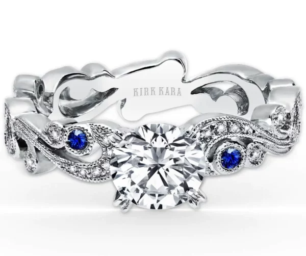 Kirk Kara Angelique Scroll Work Blue Sapphire Engagement Ring.