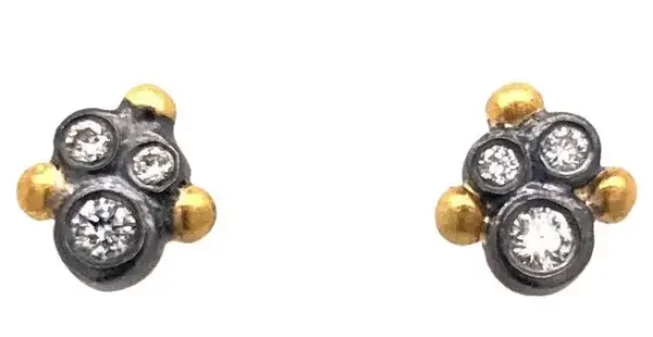 Lika Behar Dylan 24k Gold and Oxidized Silver Small Stud Earrings with Diamonds. Lika Behar Dylan 24k Gold and Oxidized Silver Small Stud Earrings with Diamonds.
