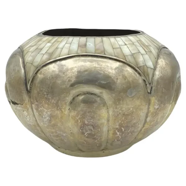 Los Castillo Mother of Pearl Mosaic Handcrafted Silver Plate Vase Circa 1980s.