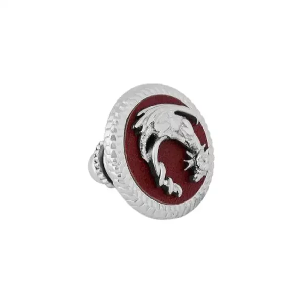 Palladium Plated Dragon Pin with Burgundy Leather. Palladium Plated Dragon Pin with Burgundy Leather.