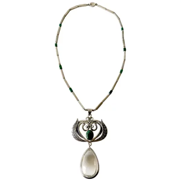 Rare Los Castillo Sterling Silver Rock Crystal Malachite Mexican Modern Necklace.