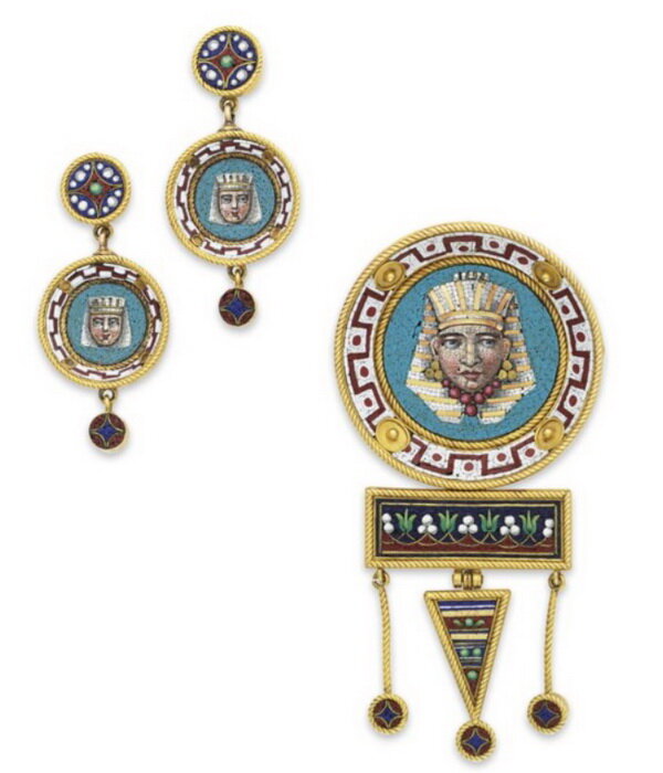 Set of gold jewelry with micromosaic brooch and earrings with the image of a pharaoh, circa 1880.