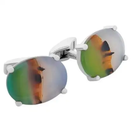 Summer Landscape Agate Rhodium Plated Sterling Silver Cufflinks, Limited Edition. Summer Landscape Agate Rhodium Plated Sterling Silver Cufflinks, Limited Edition.