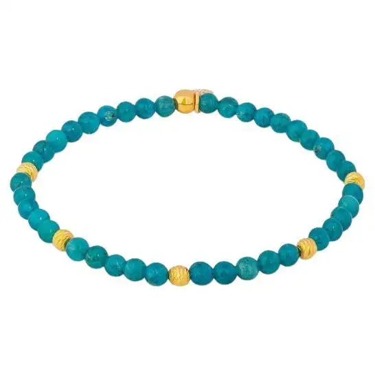 Yellow Gold Sterling Silver Graffiato Sennit Bead Bracelet with Apatite, Size M. Yellow Gold Sterling Silver Graffiato Sennit Bead Bracelet with Apatite, Size M.