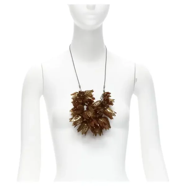 rare BURBERRY brown acetate metal 3D flowers coated rope statement necklace.
