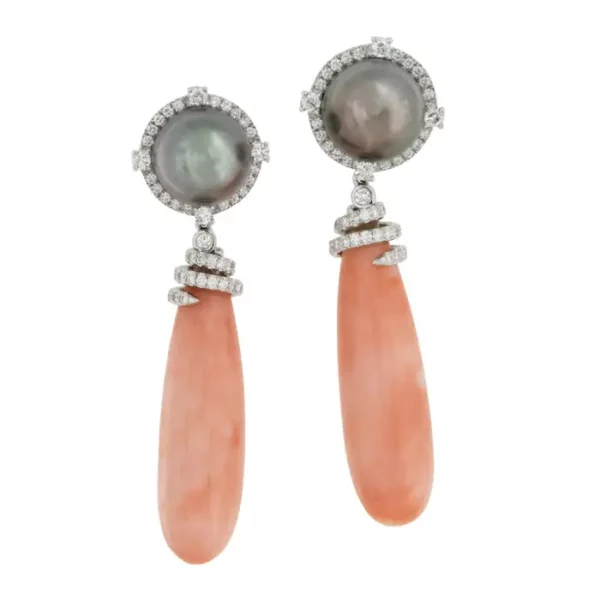 18 Karat White Gold Angelskin Coral and Tahitian Gray Pearl Earrings by Assael.