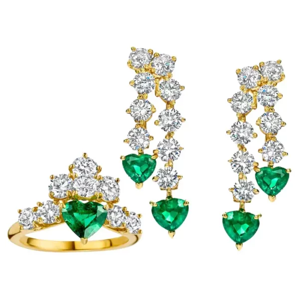 18kt Yellow Gold Asprey Genève Set Clip On Earrings & Ring Emeralds, Diamonds.