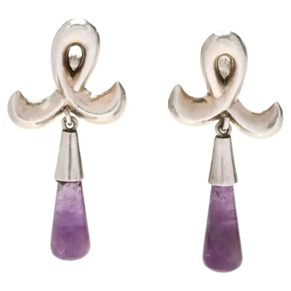 Antonio Pineda Amethyst Silver Taxco Ribbon Drop Earrings Vintage Circa 1960s.