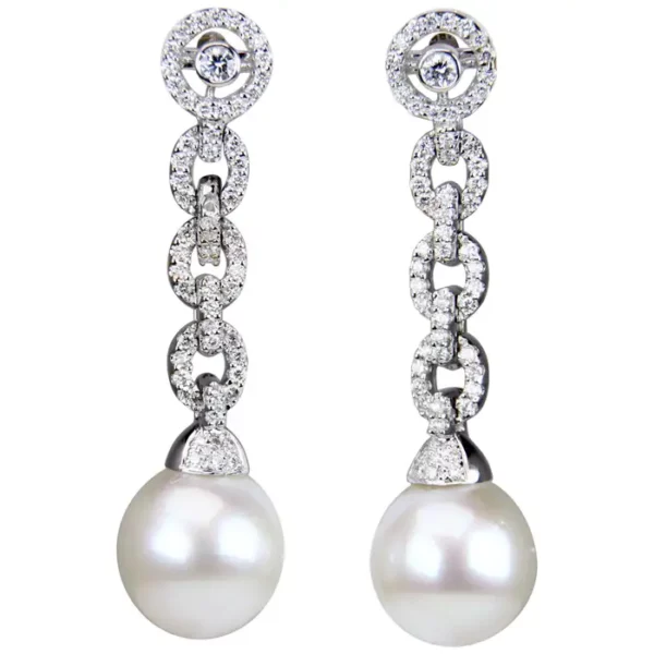 Assael 18 Karat White Gold South Sea Pearl and Diamond Dangle Earrings.