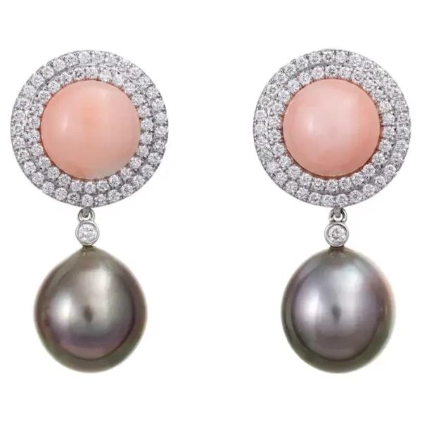 Assael Coral Diamond Earrings Tahitian South Sea Pearls Estate 18k White Gold.