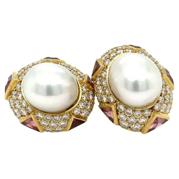 Assael Pearl Diamond Tourmaline Earrings 18k Yellow Gold.