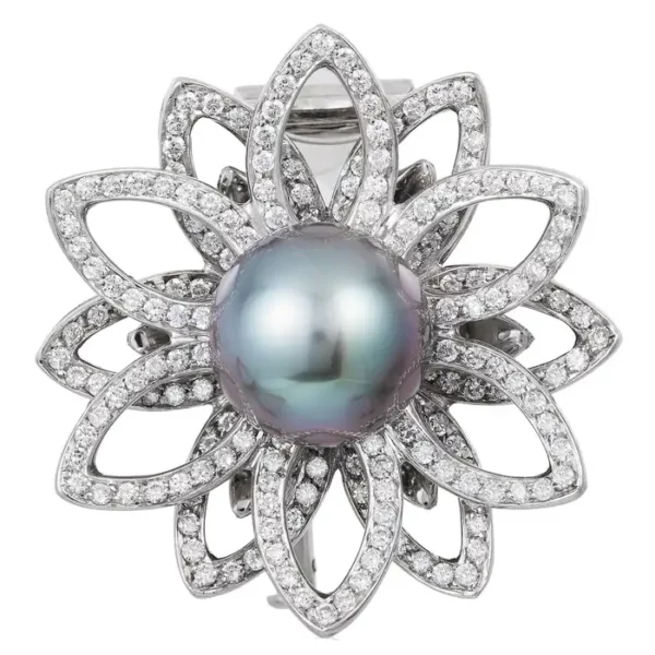 Assael Pearl and Diamond Gold Lotus Flower Brooch.