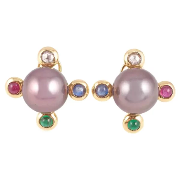Assael Tahitian Pearl Diamond, Sapphire, Emerald, Ruby Earrings.
