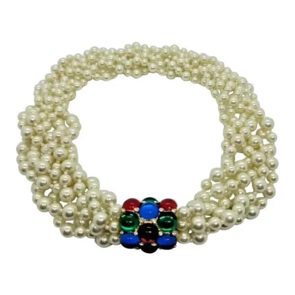 Designer Signed Scaasi Multi Strand Faux Pearl and Gem Necklace.