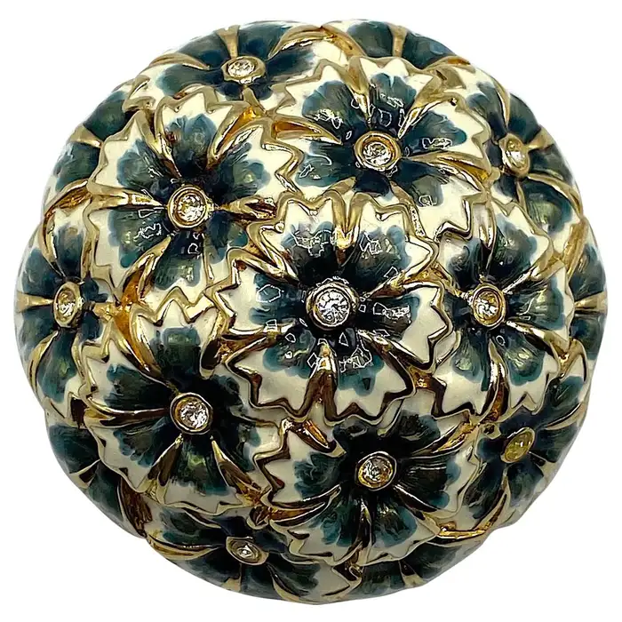 Judith Lieber Gold with White & Blue Enamel Flower Bouquet Brooch.