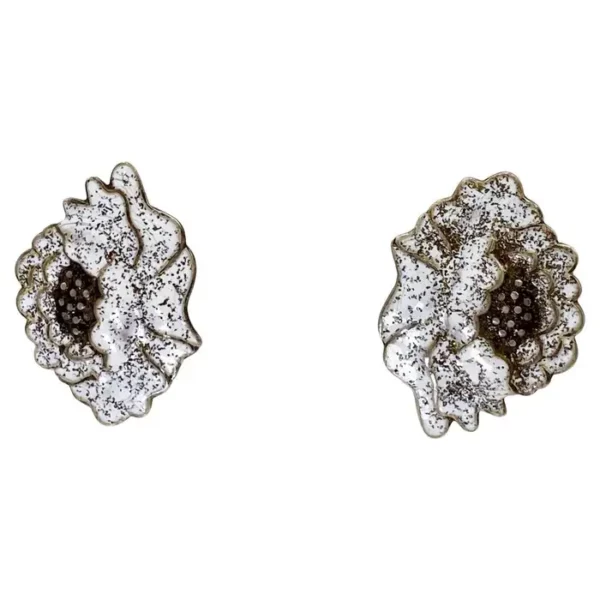 Margot de Taxco Silver Confetti Enamel Peony Flower 1950s Clip On Earrings.
