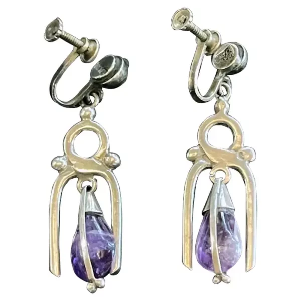 Mexican Modern Silver and Amethyst Earrings Antonio Pineda.