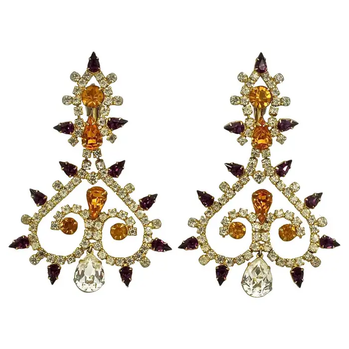 Mimi di N Gold Plated Rhinestone Chandelier Cocktail Clip On Earrings 1960s.