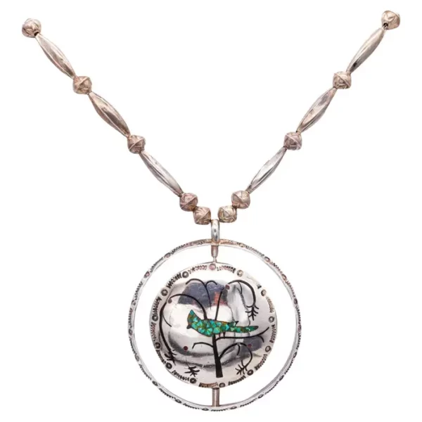 Native American 1950 Zuni Bird Necklace In Sterling Inlaid Turquoise & Carnelian.