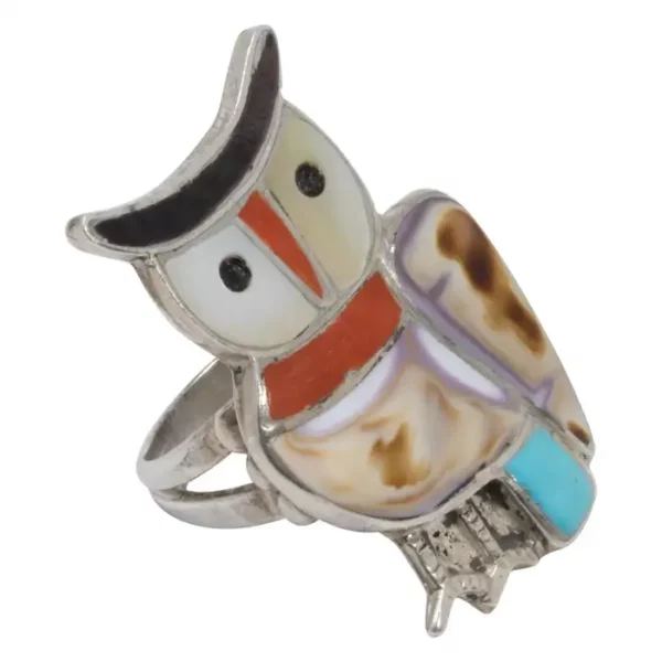 Native American Coral, Turquoise, Mother of Pearl Inlay Sterling Silver Owl Ring.