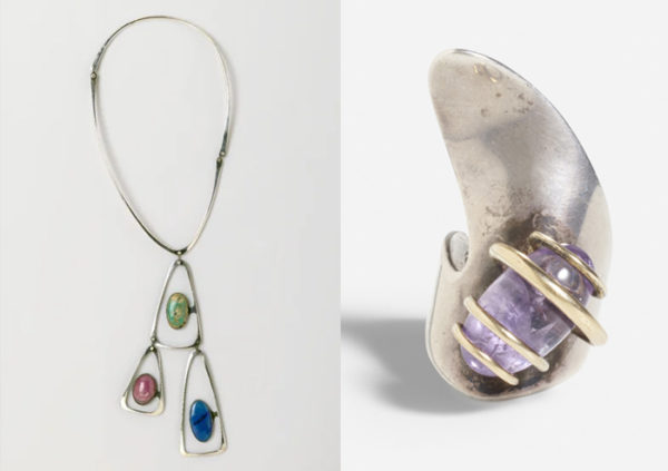 Necklace and ring with references to surrealism.