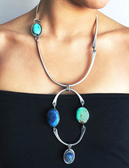 Necklace in silver, lapis and turquoise.