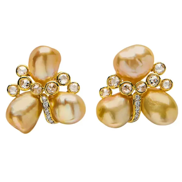 Rare Keshi Pearl Diamond Gold Earrings.