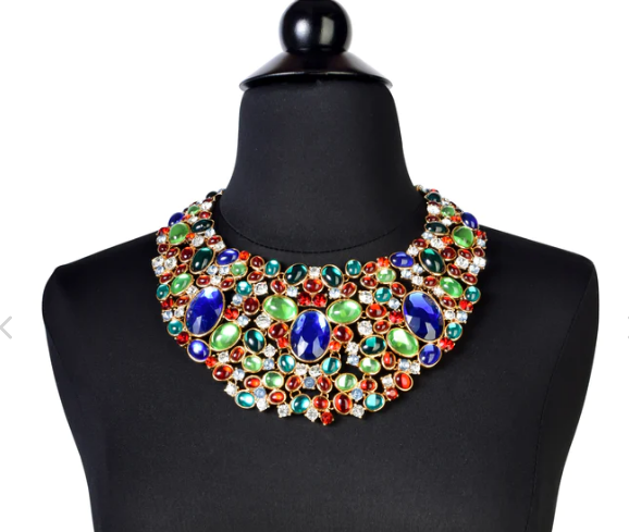 Scaasi Vintage Multicolor Gem Gold Statement Bib Necklace.