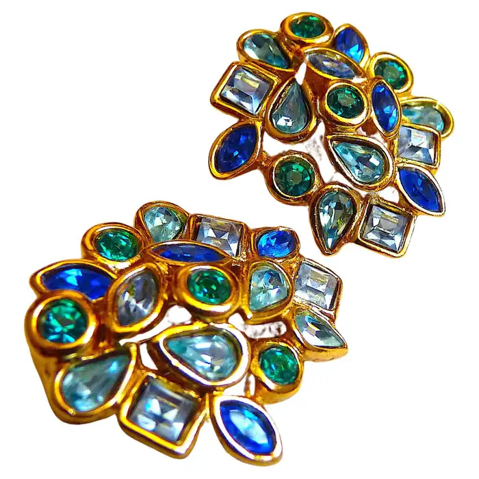 YSL Yves Saint Laurent Blue Glass Crystal Clip On Earrings from 1980s.