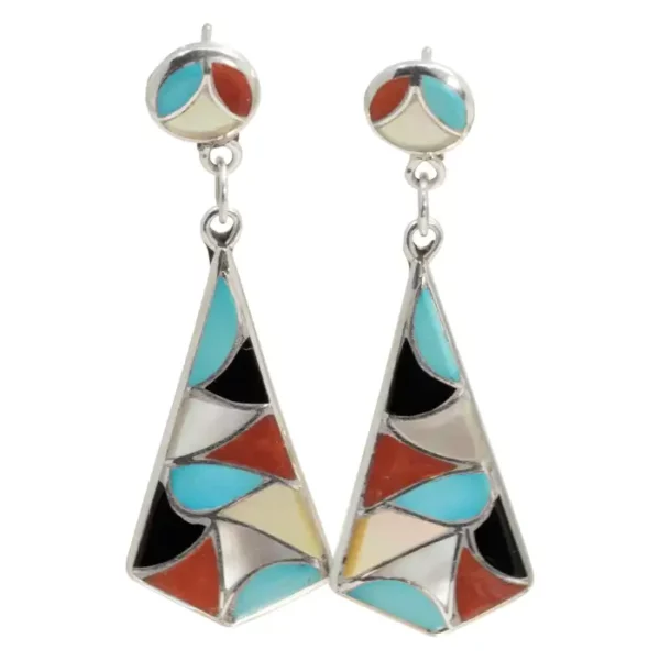 Zuni Native American Mosaic Dangle Earrings, Coral, Turquoise, Sterling Silver.
