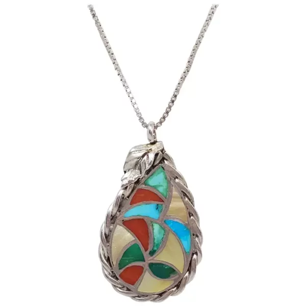 Zuni Native American Pendant Necklace Coral & Turquoise Inlay in Sterling Silver.