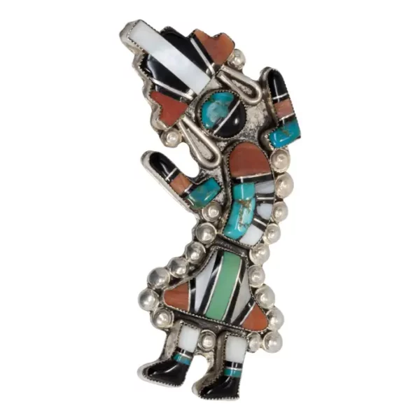 Zuni Native American Rainbow Man Pin Brooch, Coral, Turquoise, Sterling Silver.