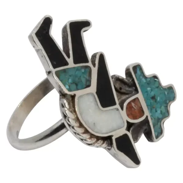 Zuni Native American Rainbow Man Ring, Coral, Turquoise, Sterling Silver.