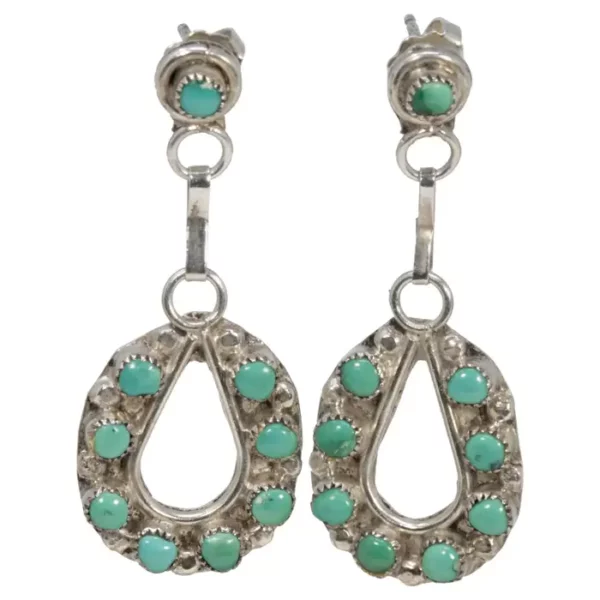 Zuni Native American Turquoise Sterling Silver Dangling Earrings, Post Backs.