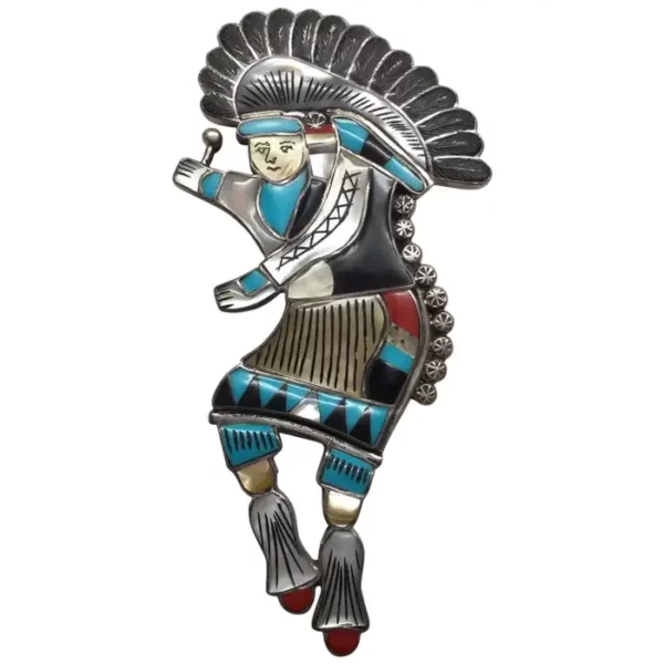 Zuni Sterling Silver Multi Stone Inlay Tribal Dancer Bolo Tie Slide.