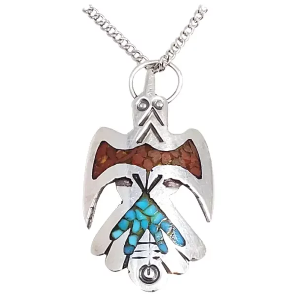 Zuni Thunderhawk Pendant Necklace Tribal Sterling Silver Coral Turquoise.