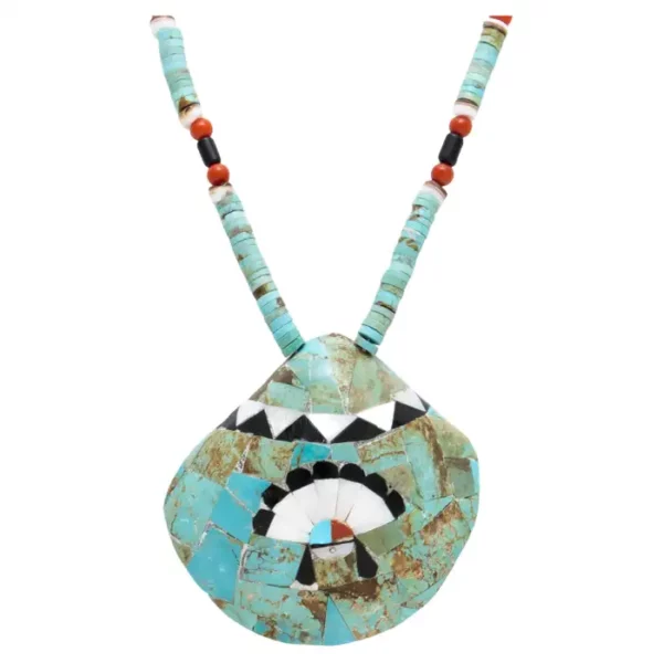Zuni Turquoise Beaded Shell Pendant Necklace.