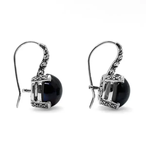 12mm Black Mabe Earring in Engraved Sterling Silver.