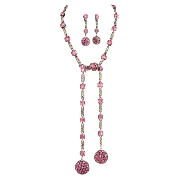 1960s Bogoff Pink Rhinestone Lariat & Earring Set.