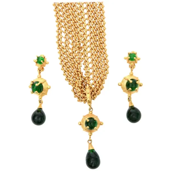 Andrew Spingarn Gold Plated With Green Glass Sculptural Necklace, Earrings Set.