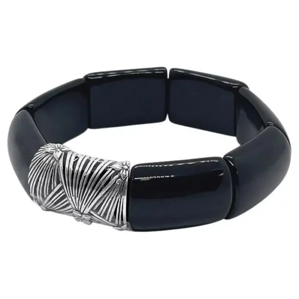 Black Agate Rectangle Stretch Bracelet with Sunray Grill.