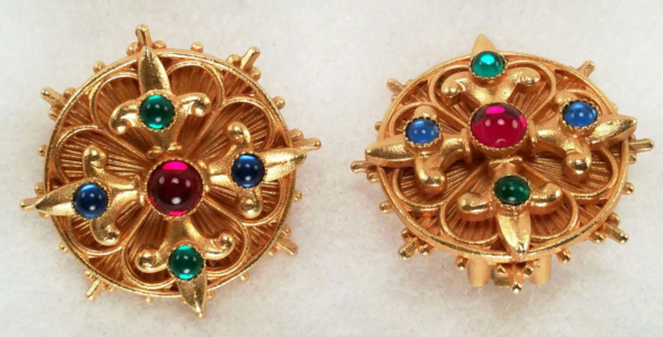 Gold plated clips with colored cabochons.