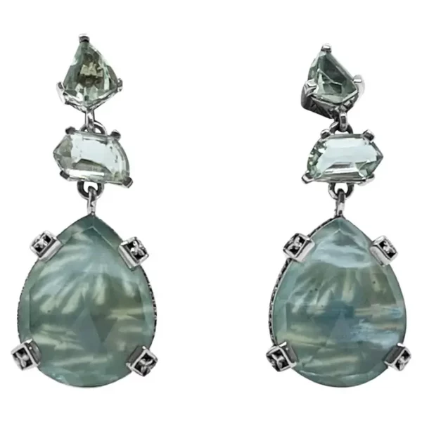 Green Prasiolite Natural Quartz Mother of Pearl and Green Serpentine Jade Earrin.